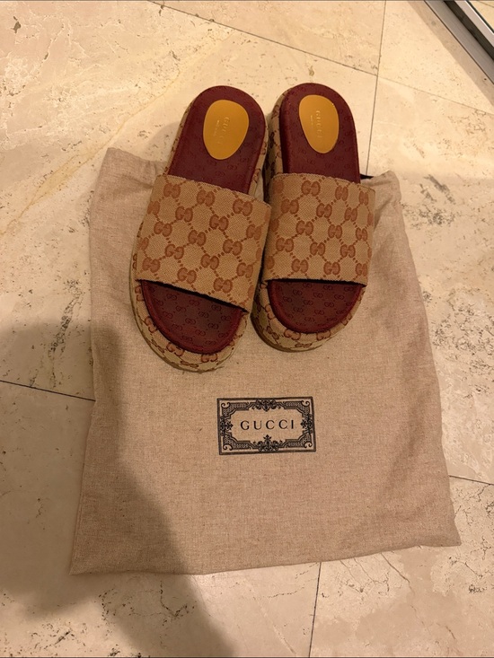 Gucci Shoes - Gucci Beige GG Canvas Slides with Burgundy Insole